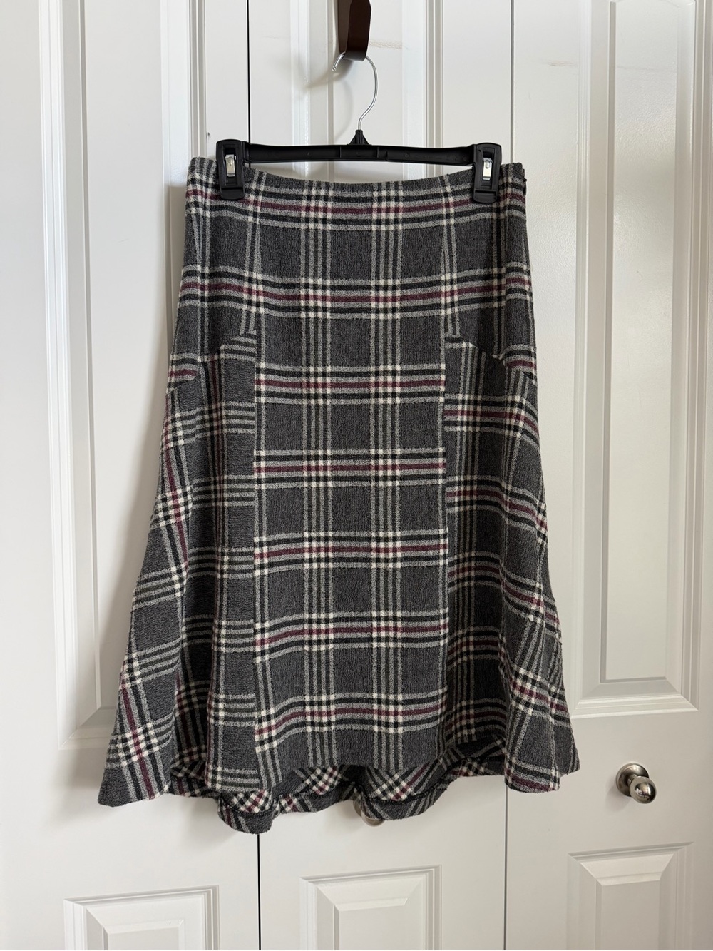 Wool Blend Plaid A-Line Skirt in Charcoal and Burgundy